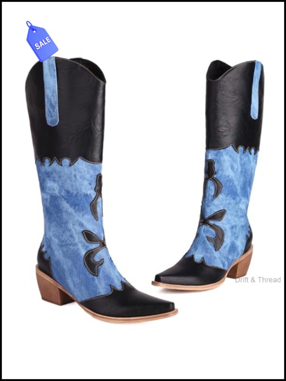 Women's Patchwork Knee High Western Boots Pointed Toe Chunky Heel Pull On